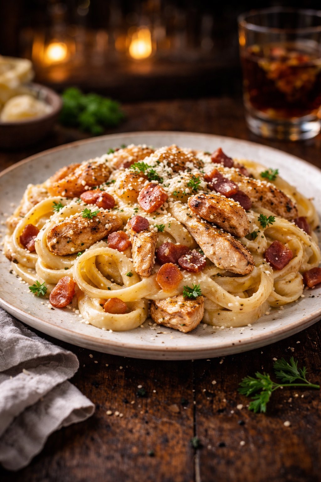Паста с курицей и беконом